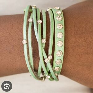 Metallic Green Leather Rhinestone Crystal Studded Fashion Jewelry Wrap Bracelet